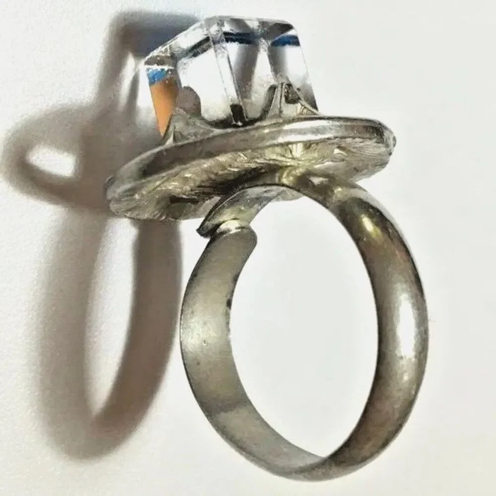 Vintage Silver Tone Blue Coated Glass Cube Ring Adjustable Band Size 7.25